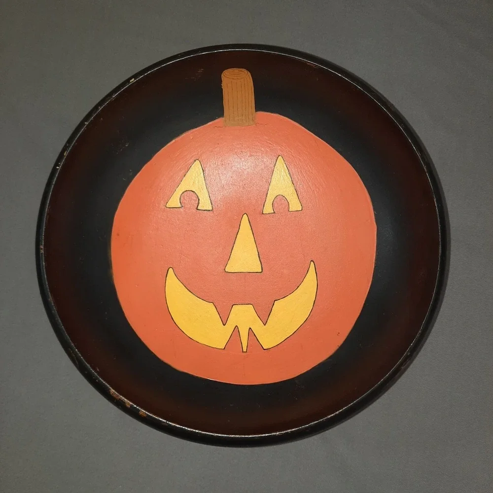Halloween Hand Painted Wood Bowl Jack O Lantern Witch Black Cat Primitive Rustic